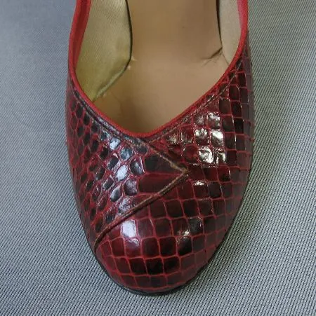 50s Vintage Women's Heels Babydoll Pumps Shoes Red Cobra Snakeskin 6.5 to 7 VFG