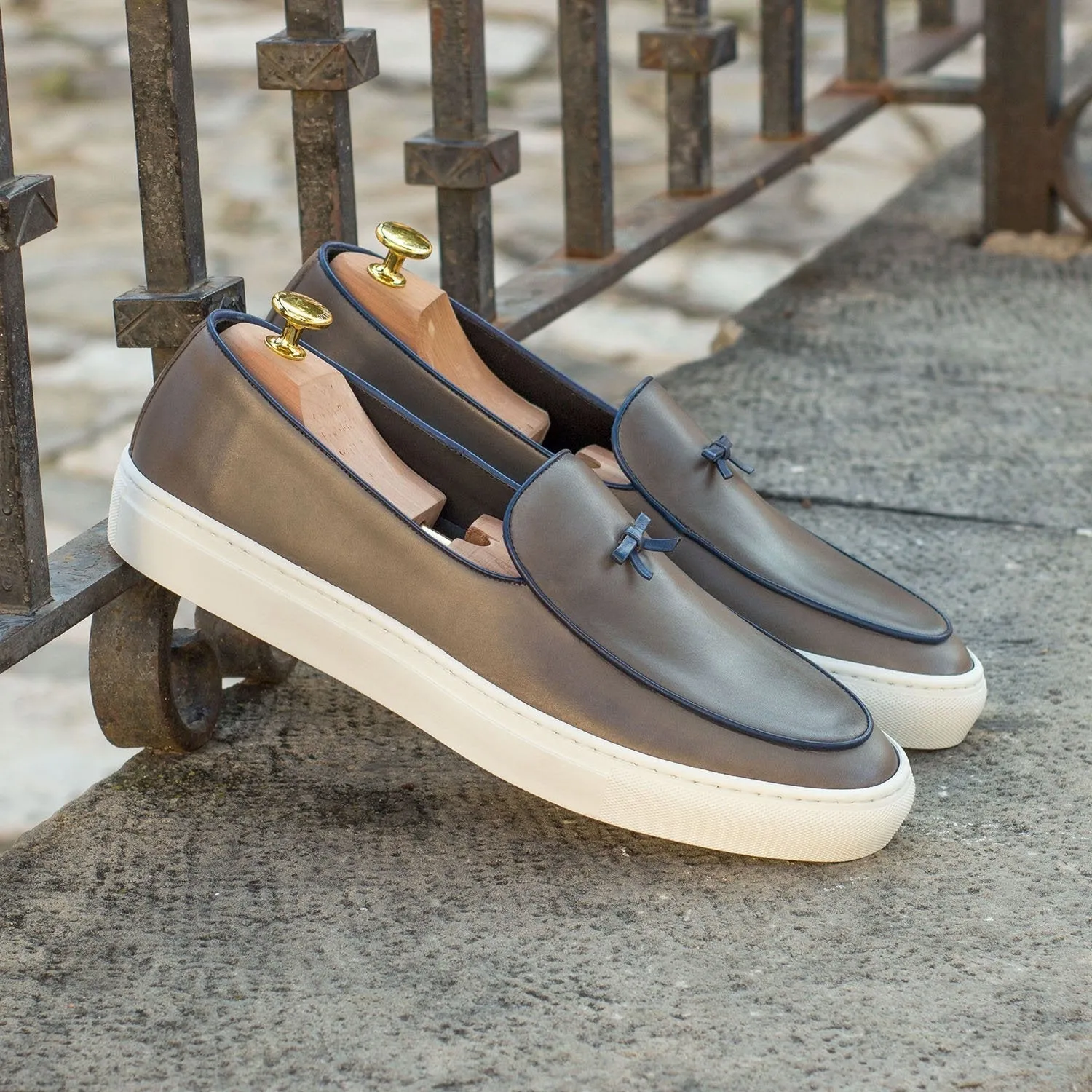Ambrogio Bespoke Custom Men's Shoes Gray Calf-Skin Leather Belgian Slip-On Sneakers (AMB2139)