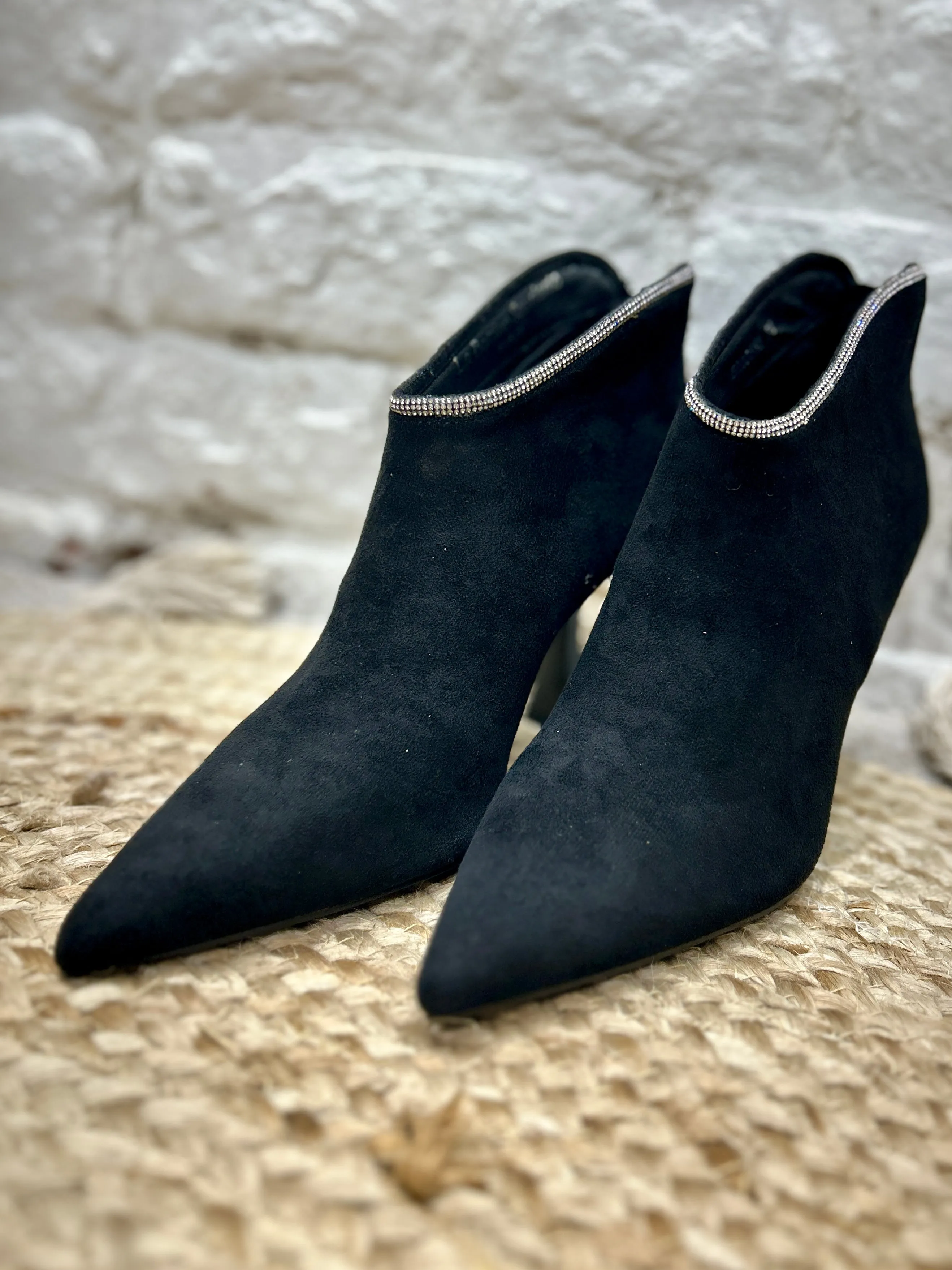 The Halo Faux Suede Boot With Diamante Rim And Zip back In Black