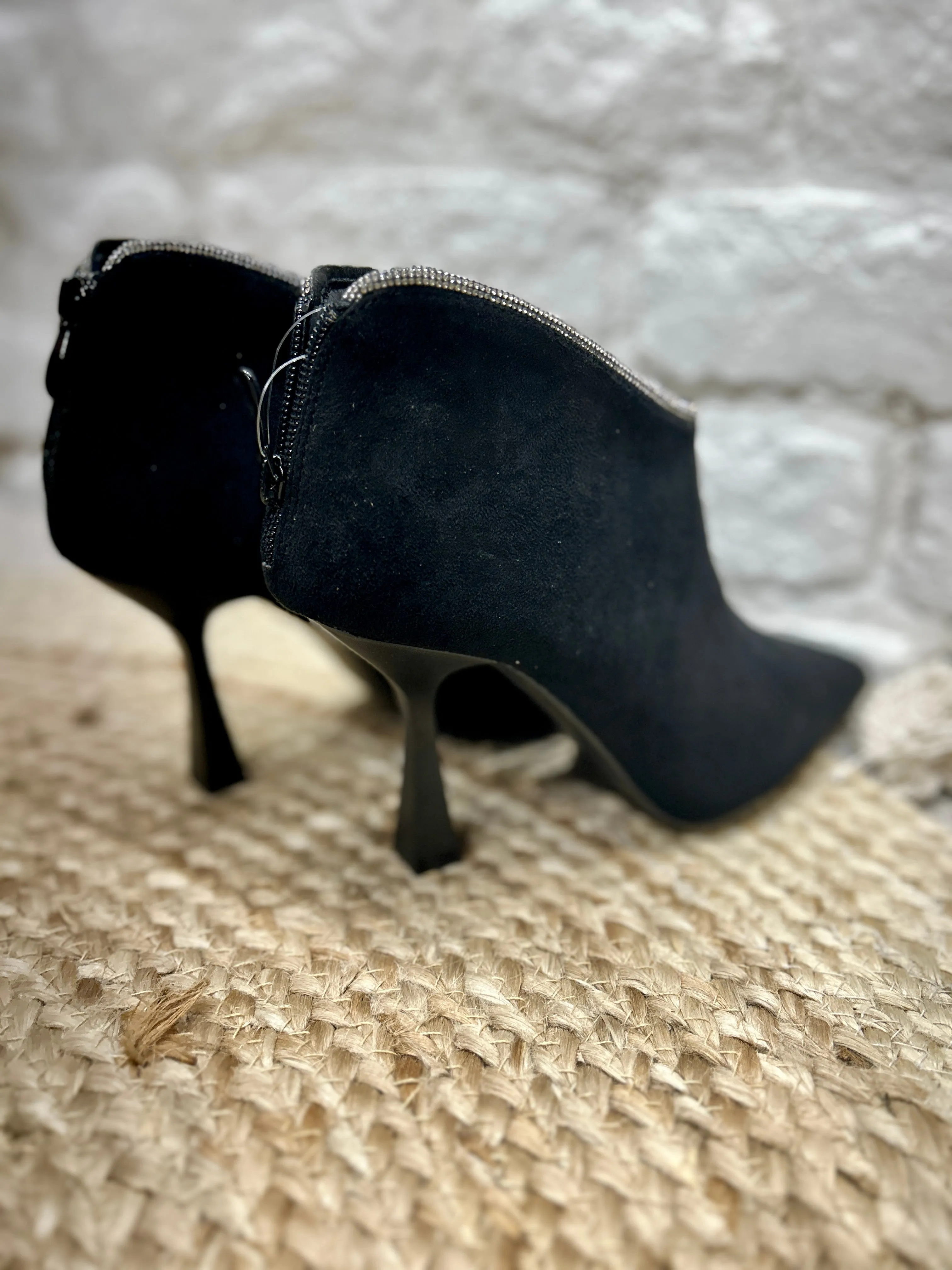 The Halo Faux Suede Boot With Diamante Rim And Zip back In Black