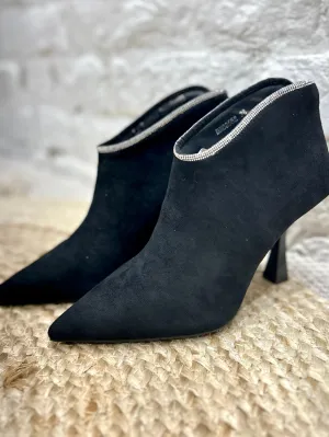 The Halo Faux Suede Boot With Diamante Rim And Zip back In Black