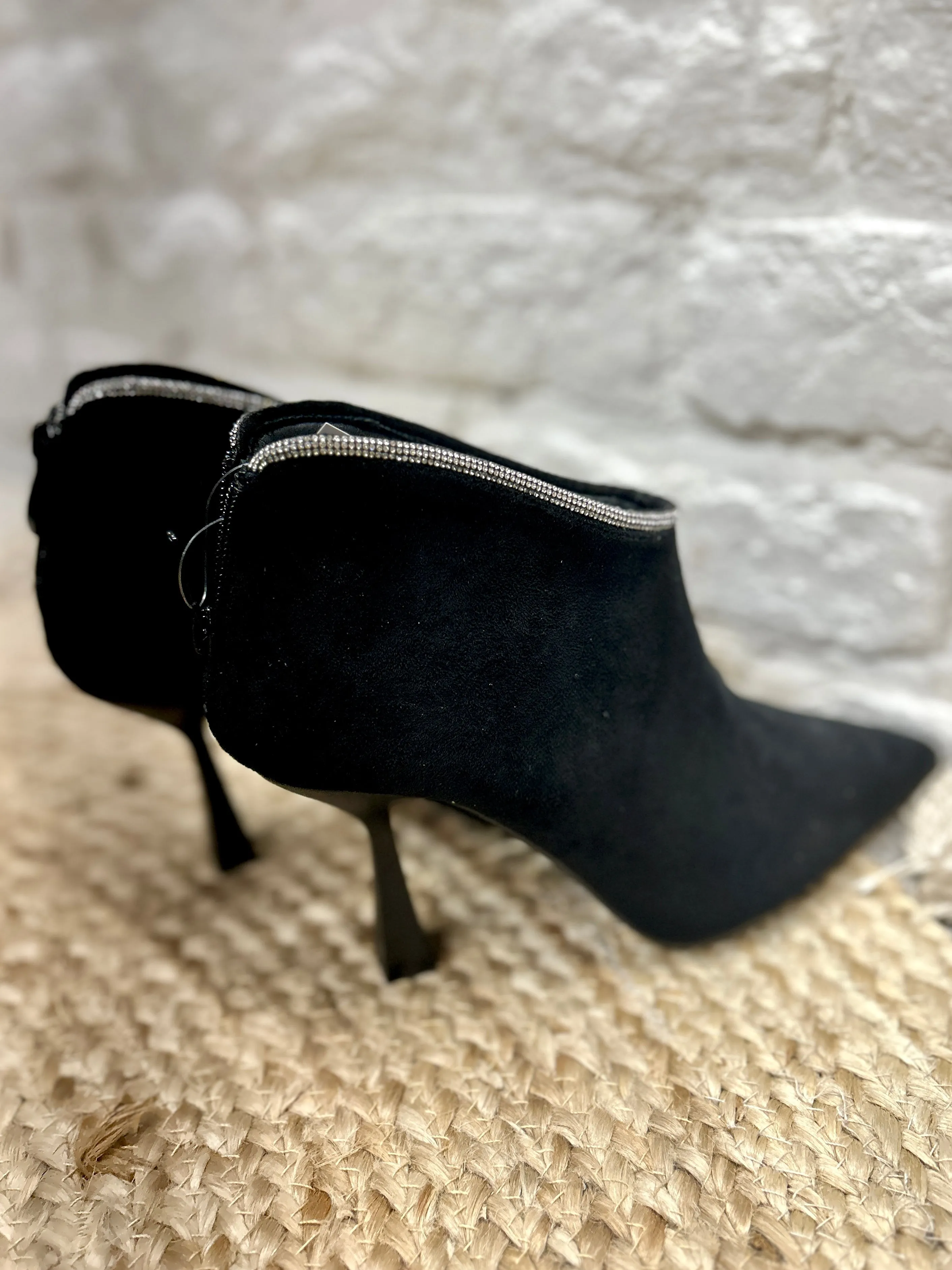 The Halo Faux Suede Boot With Diamante Rim And Zip back In Black